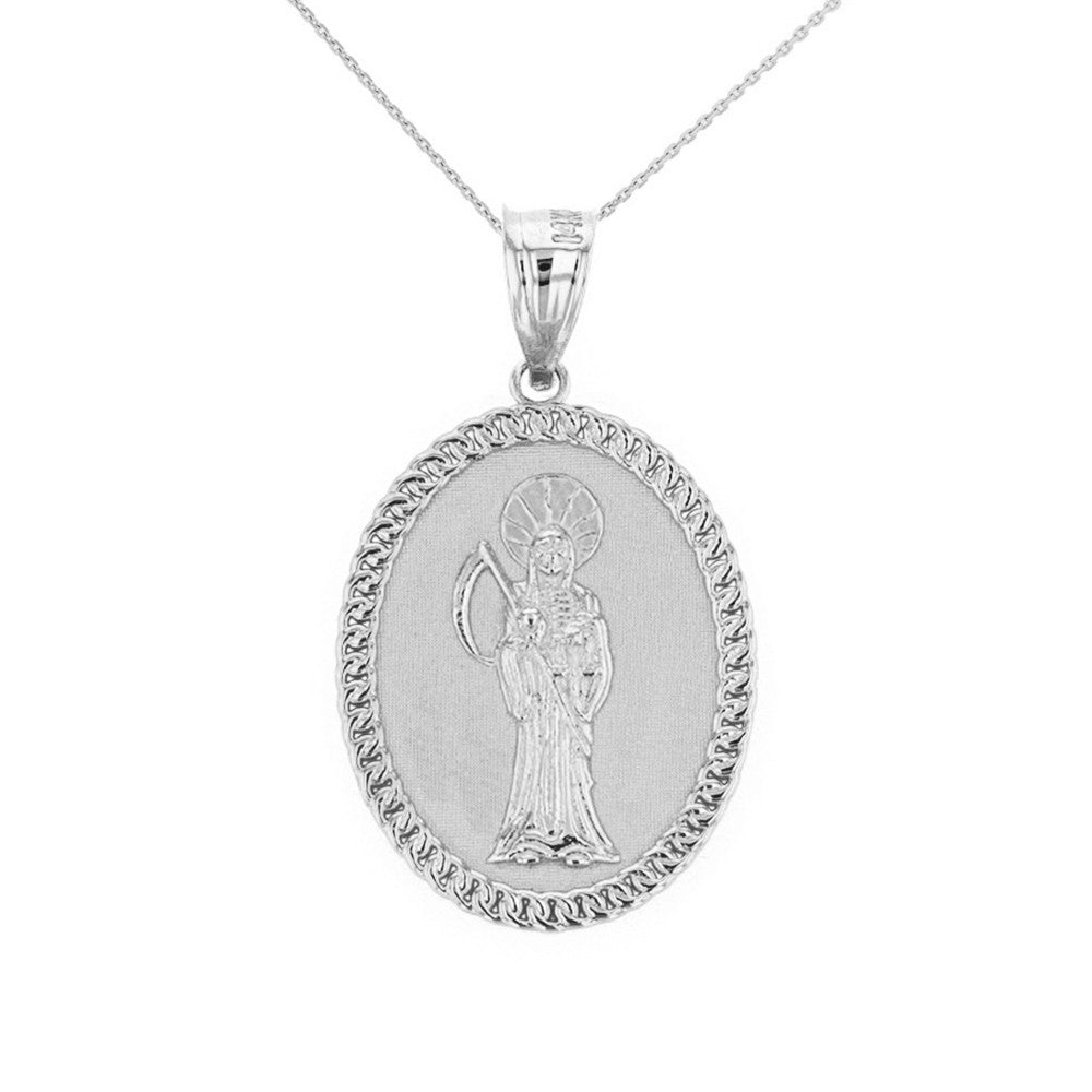Solid Gold Santa Muerte Cuban Link Frame Medallion Pendant Necklace 1.28" (32 mm), view 6