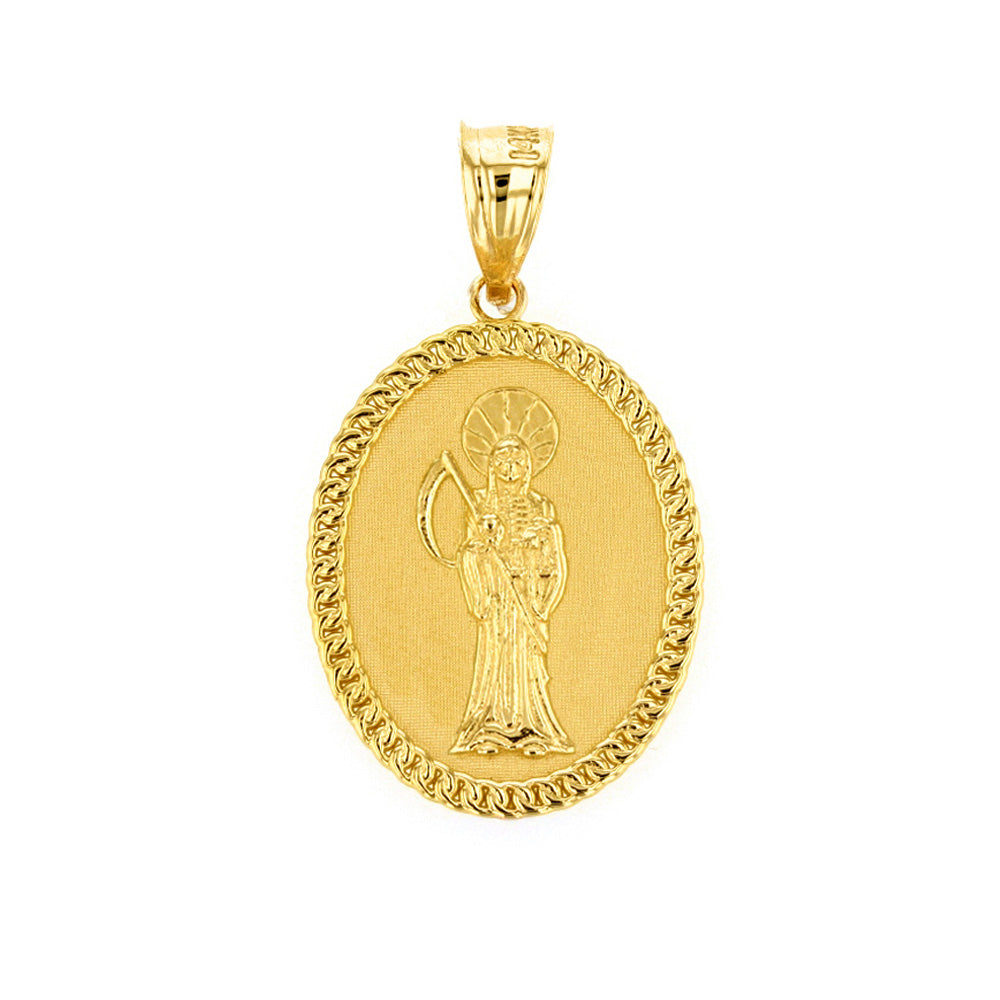 Solid Gold Santa Muerte Cuban Link Frame Medallion Pendant Necklace 1.28" (32 mm), view 7