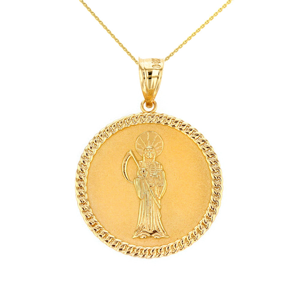 Solid Gold Santa Muerte Cuban Link Frame Medallion Pendant Necklace 1.34 " (34 mm)