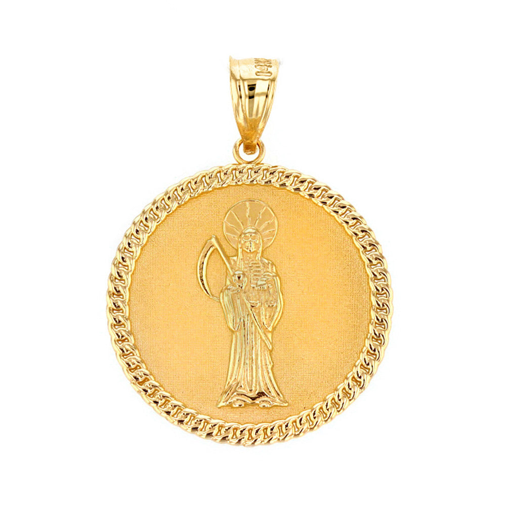 Solid Gold Santa Muerte Cuban Link Frame Medallion Pendant Necklace 1.34 " (34 mm), view 2