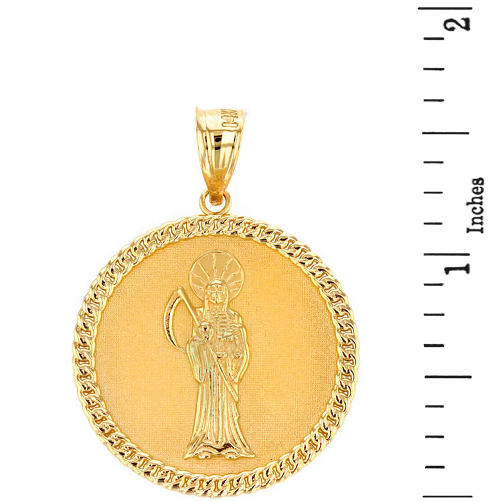 Solid Gold Santa Muerte Cuban Link Frame Medallion Pendant Necklace 1.34 " (34 mm), view 3