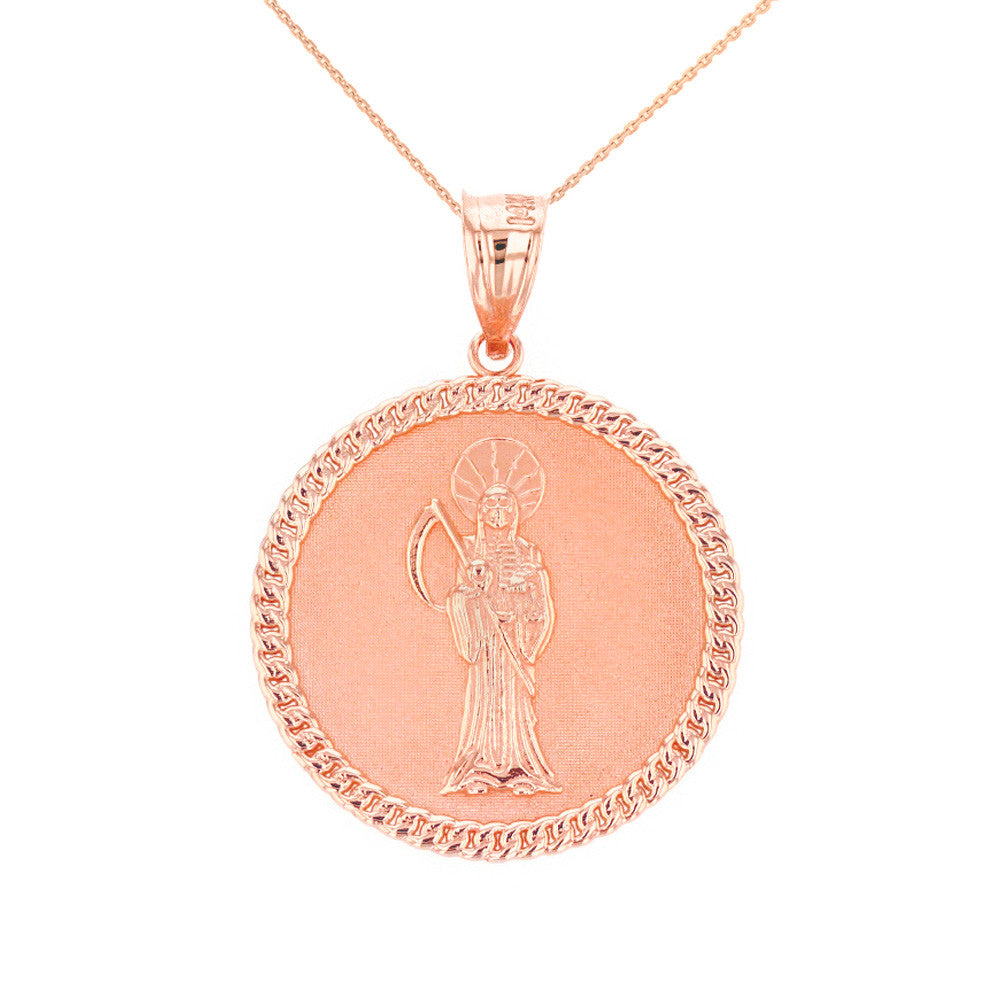 Solid Gold Santa Muerte Cuban Link Frame Medallion Pendant Necklace 1.34 " (34 mm), view 4