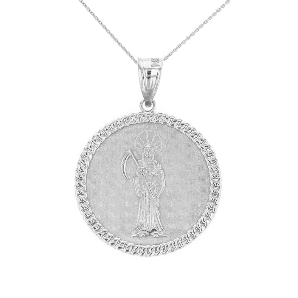 Solid Gold Santa Muerte Cuban Link Frame Medallion Pendant Necklace 1.34 " (34 mm), view 5