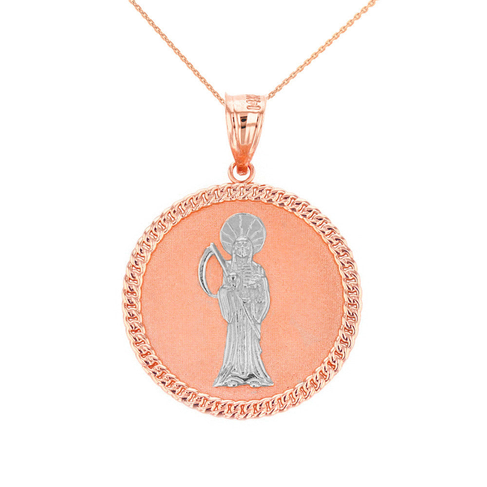 Solid Gold Santa Muerte Cuban Link Frame Medallion Pendant Necklace 1.34 " (34 mm), view 6
