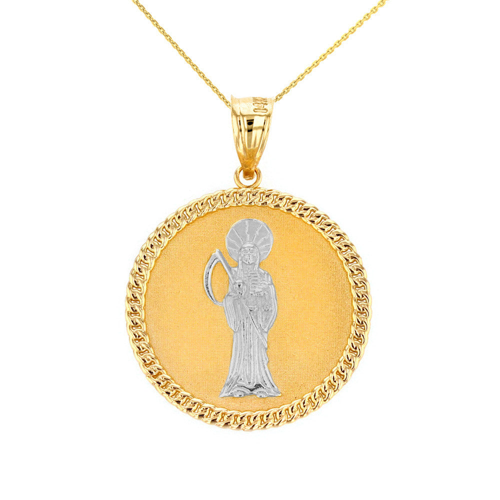 Solid Gold Santa Muerte Cuban Link Frame Medallion Pendant Necklace 1.34 " (34 mm), view 7