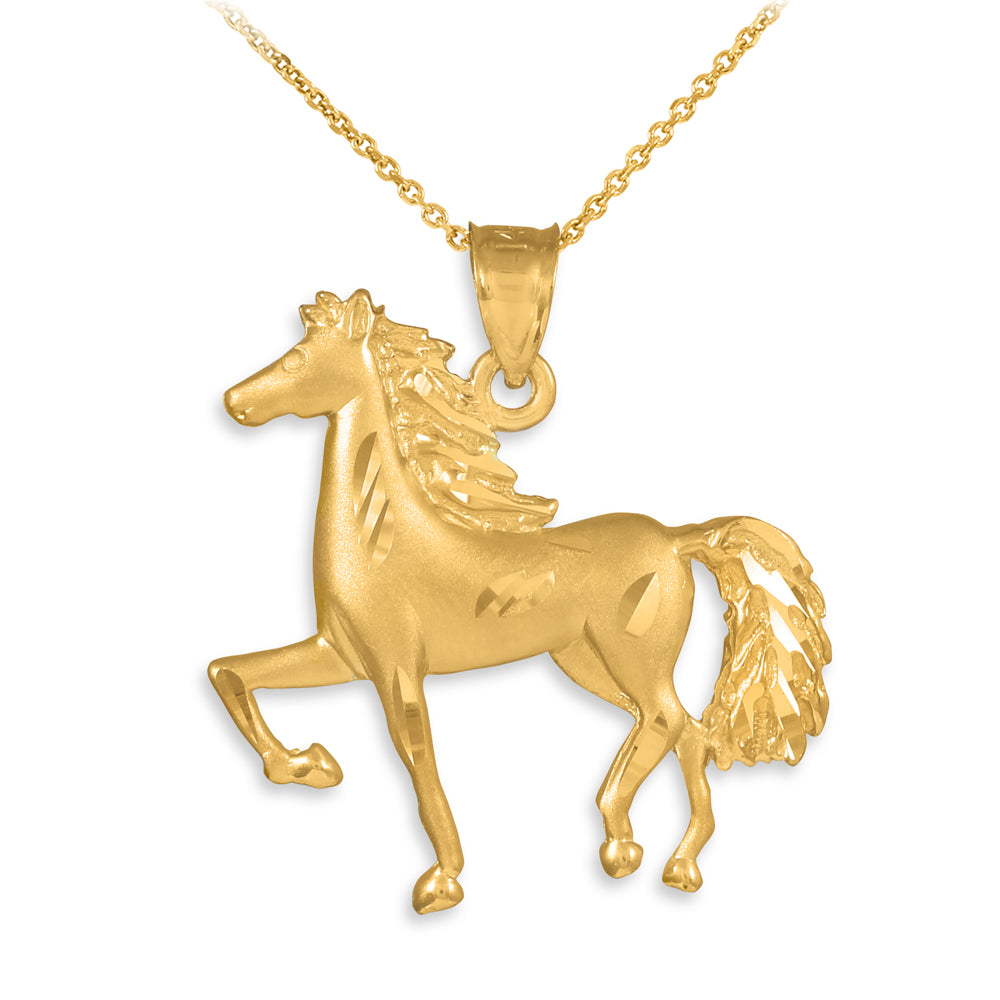 Solid Gold Satin Finish Diamond Cut Horse Charm Pendant Necklace