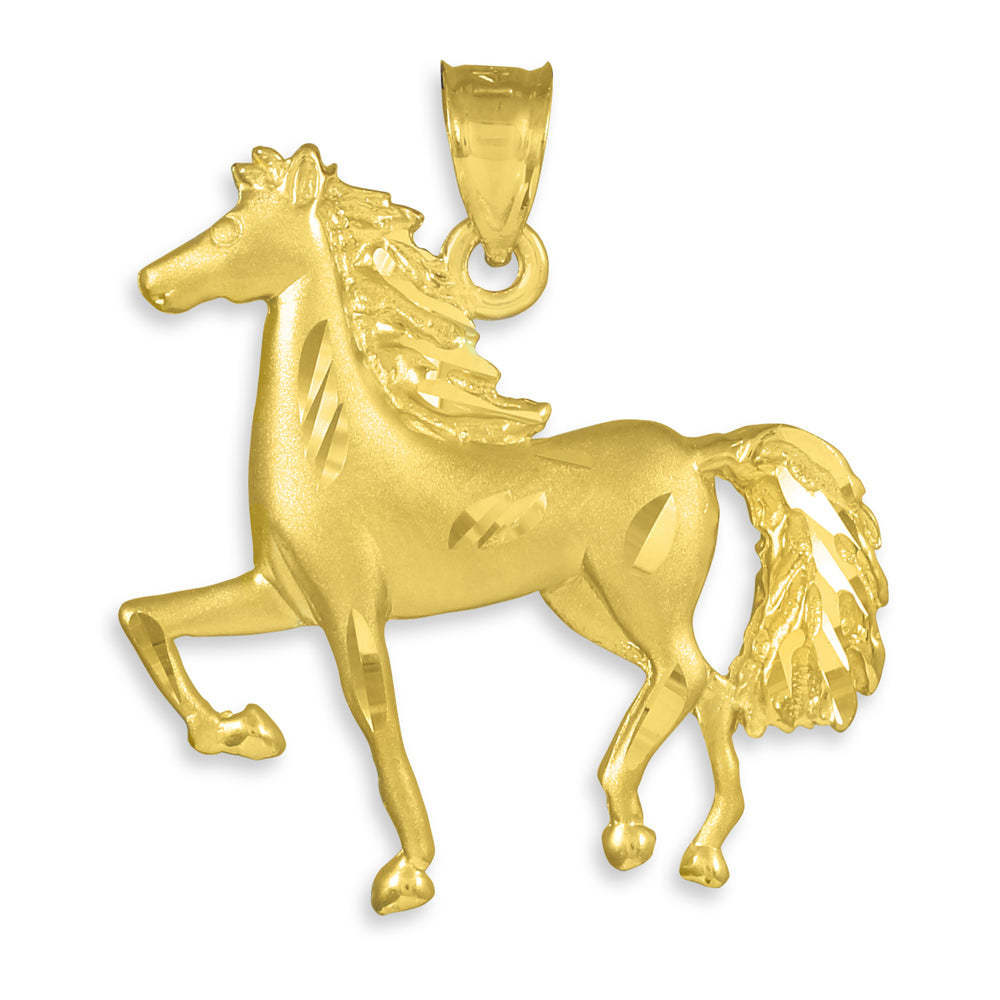 Solid Gold Satin Finish Diamond Cut Horse Charm Pendant Necklace, view 2