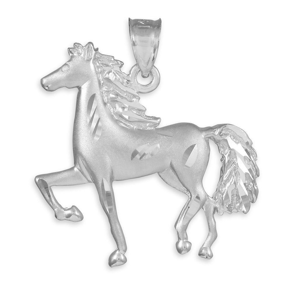 Solid Gold Satin Finish Diamond Cut Horse Charm Pendant Necklace, view 3