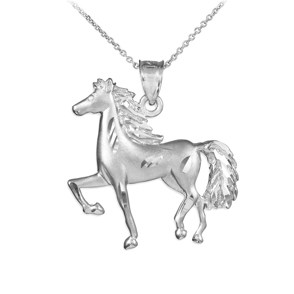 Solid Gold Satin Finish Diamond Cut Horse Charm Pendant Necklace, view 5