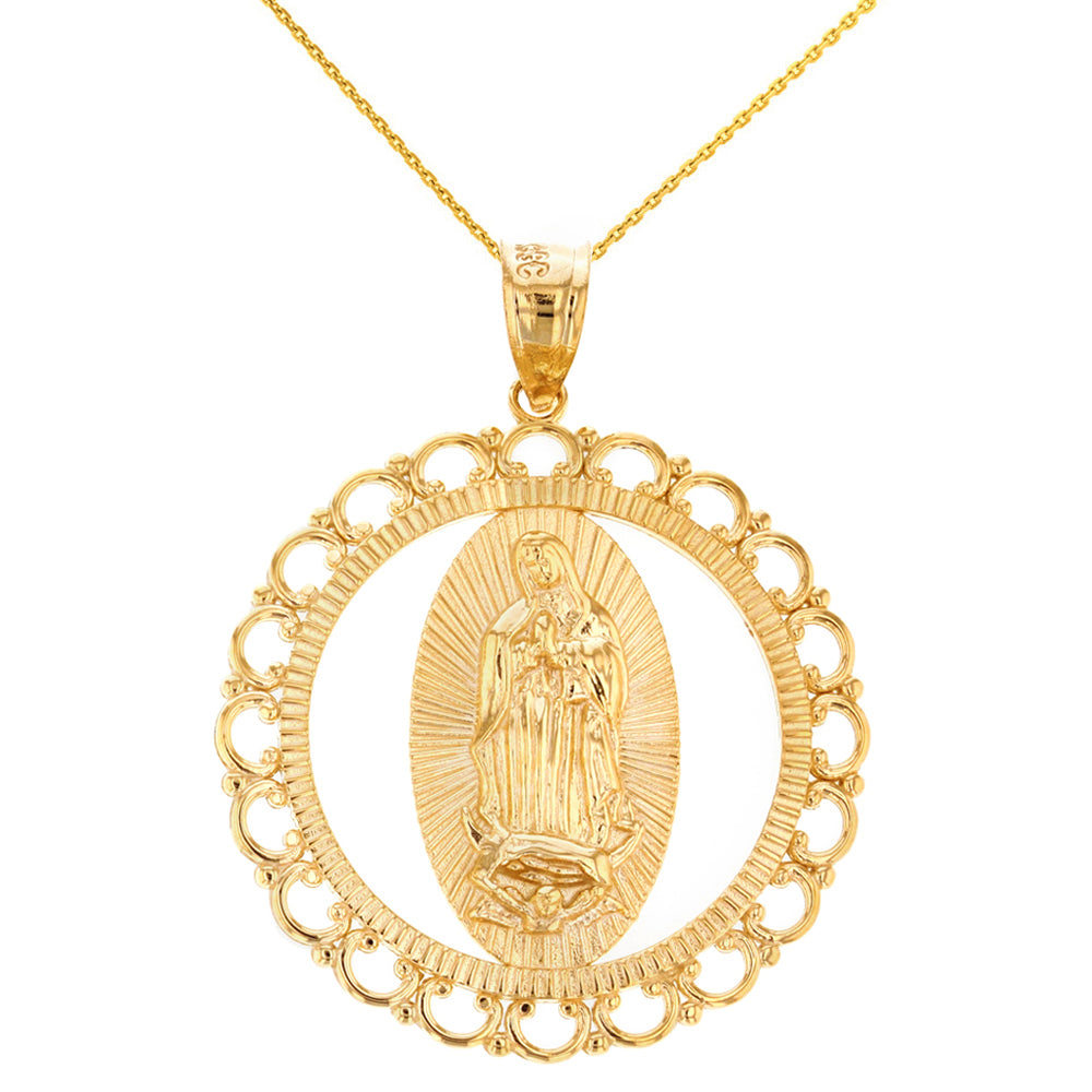 Solid Gold Scalloped Edge Frame Openwork Our Lady of Guadalupe Pendant Necklace 1.59" (40 mm)