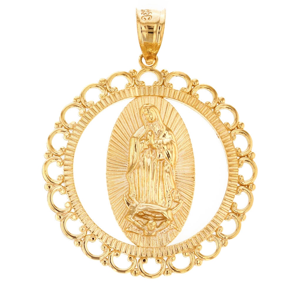 Solid Gold Scalloped Edge Frame Openwork Our Lady of Guadalupe Pendant Necklace 1.59" (40 mm), view 2