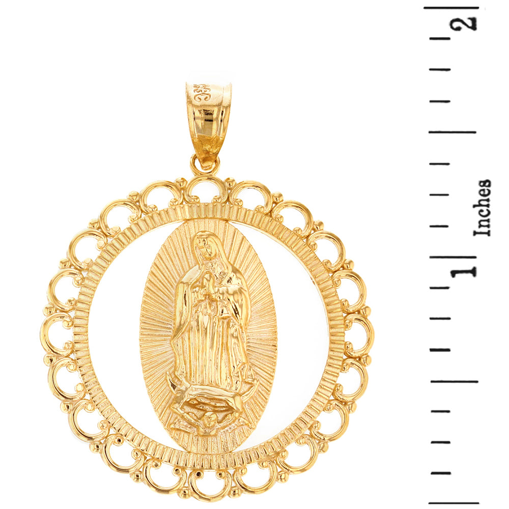 Solid Gold Scalloped Edge Frame Openwork Our Lady of Guadalupe Pendant Necklace 1.59" (40 mm), view 3