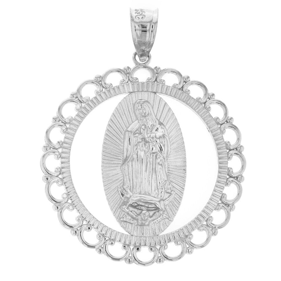 Solid Gold Scalloped Edge Frame Openwork Our Lady of Guadalupe Pendant Necklace 1.59" (40 mm), view 4