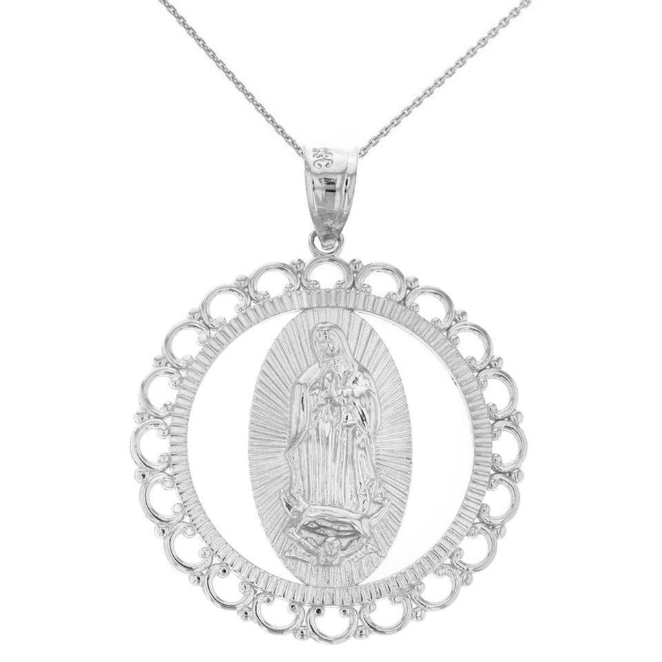 Solid Gold Scalloped Edge Frame Openwork Our Lady of Guadalupe Pendant Necklace 1.59" (40 mm), view 5
