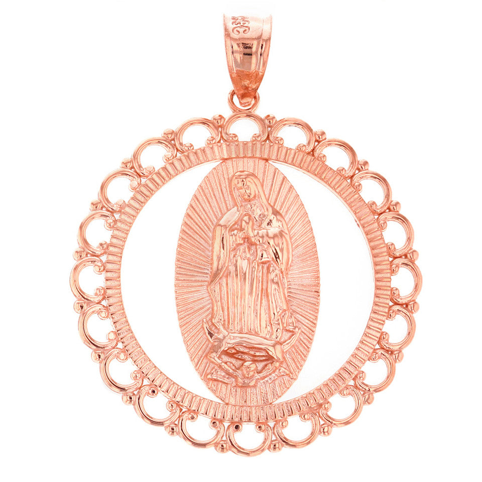 Solid Gold Scalloped Edge Frame Openwork Our Lady of Guadalupe Pendant Necklace 1.59" (40 mm), view 6