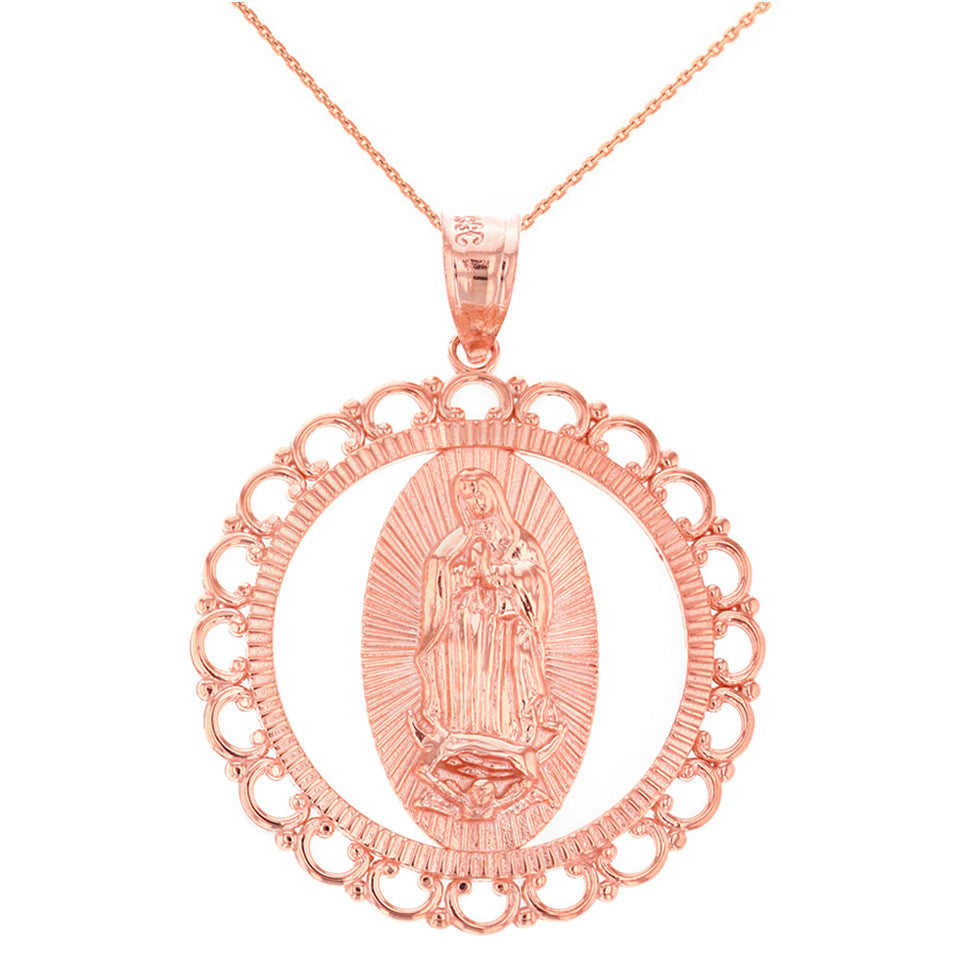 Solid Gold Scalloped Edge Frame Openwork Our Lady of Guadalupe Pendant Necklace 1.59" (40 mm), view 7