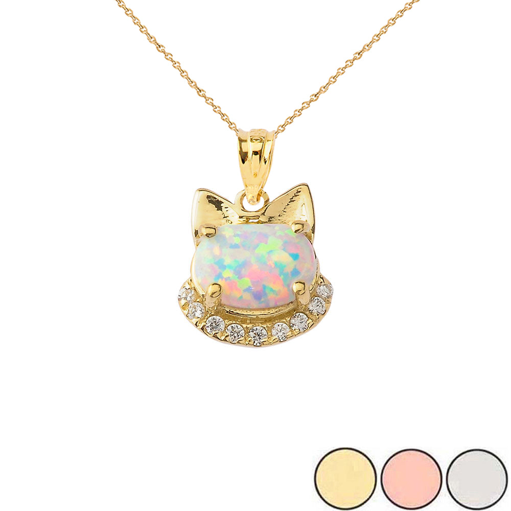 Solid Gold Simulated Opal kitty Pendant Necklace