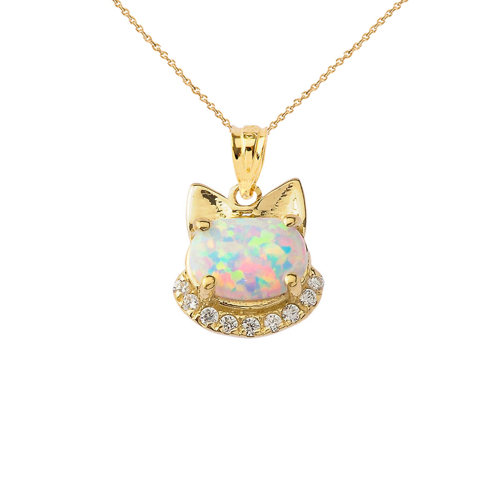 Solid Gold Simulated Opal kitty Pendant Necklace, view 2