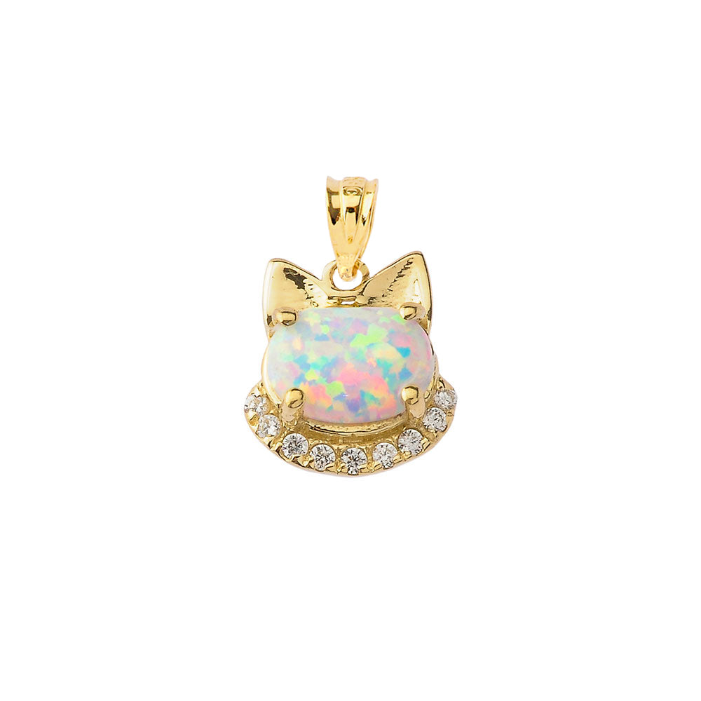 Solid Gold Simulated Opal kitty Pendant Necklace, view 3