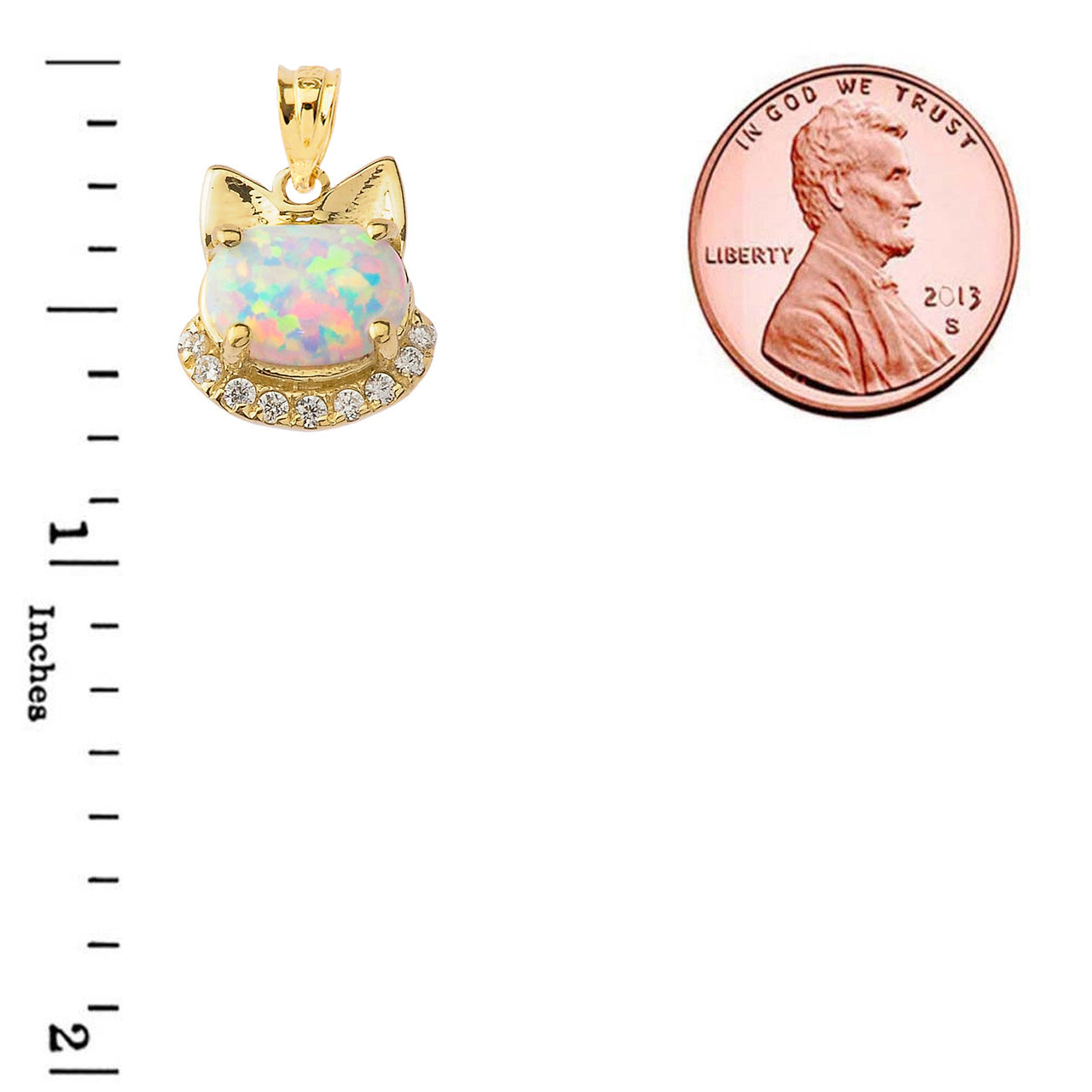 Solid Gold Simulated Opal kitty Pendant Necklace, view 4