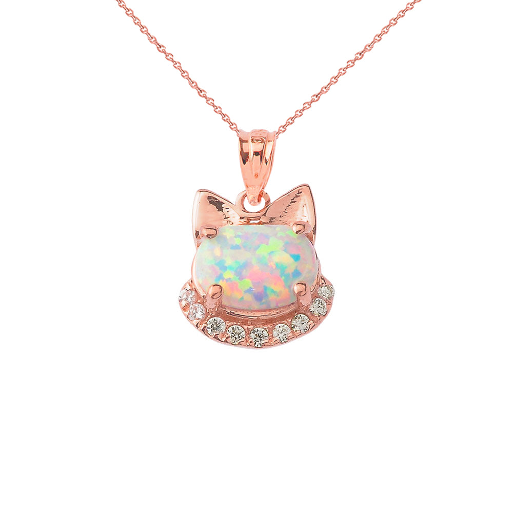 Solid Gold Simulated Opal kitty Pendant Necklace, view 5