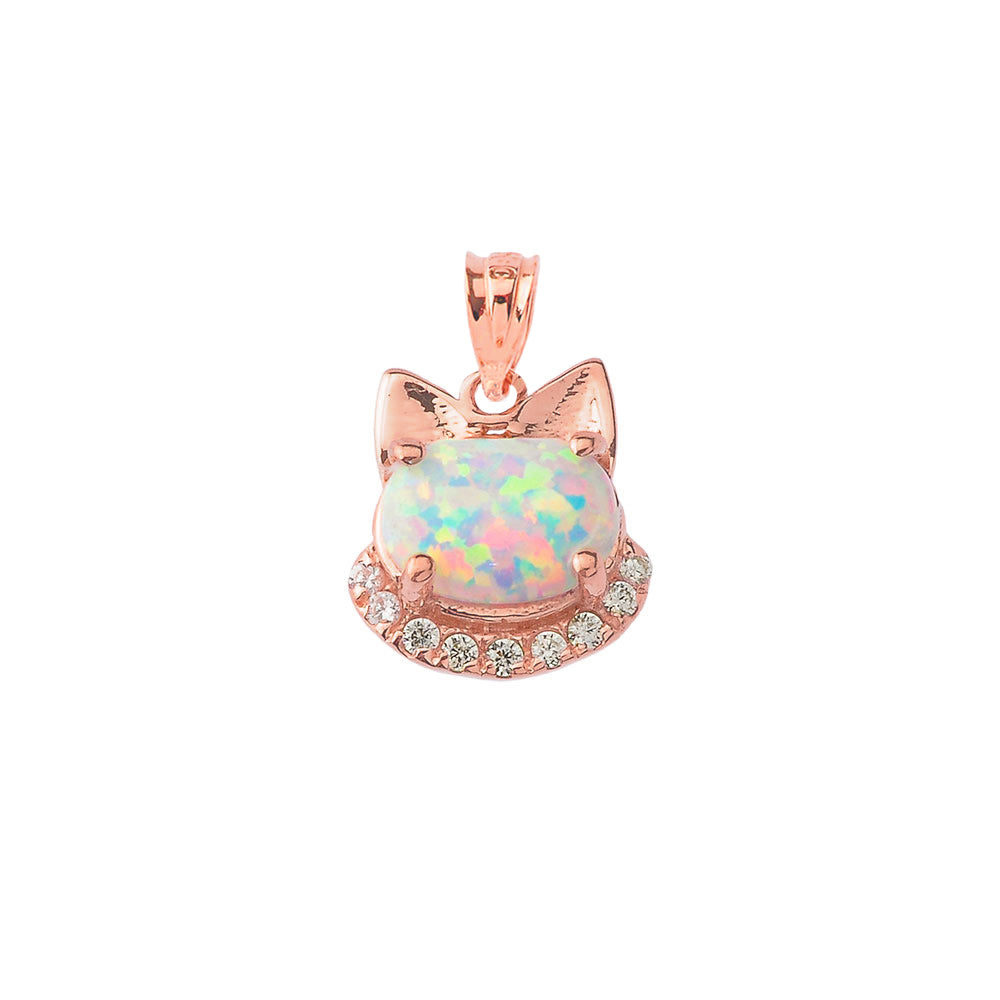Solid Gold Simulated Opal kitty Pendant Necklace, view 6