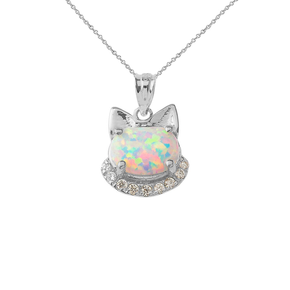 Solid Gold Simulated Opal kitty Pendant Necklace, view 8