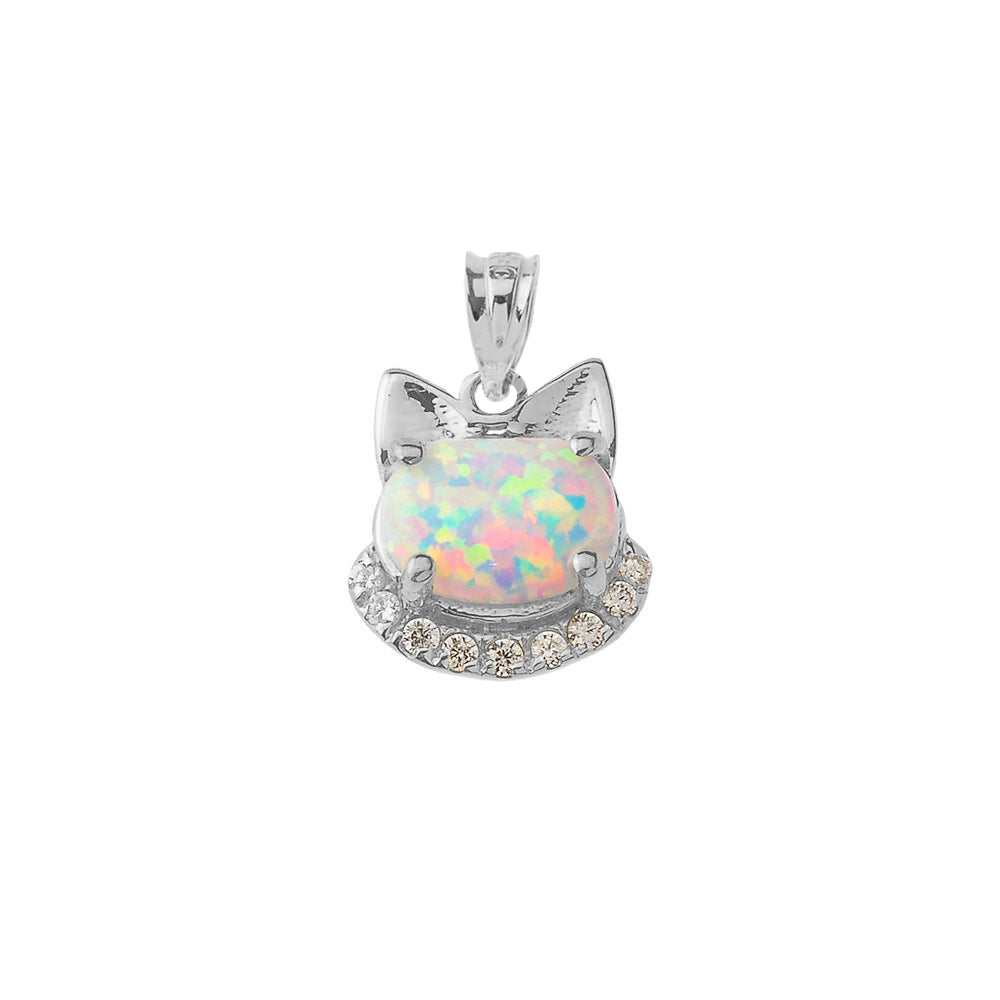 Solid Gold Simulated Opal kitty Pendant Necklace, view 9