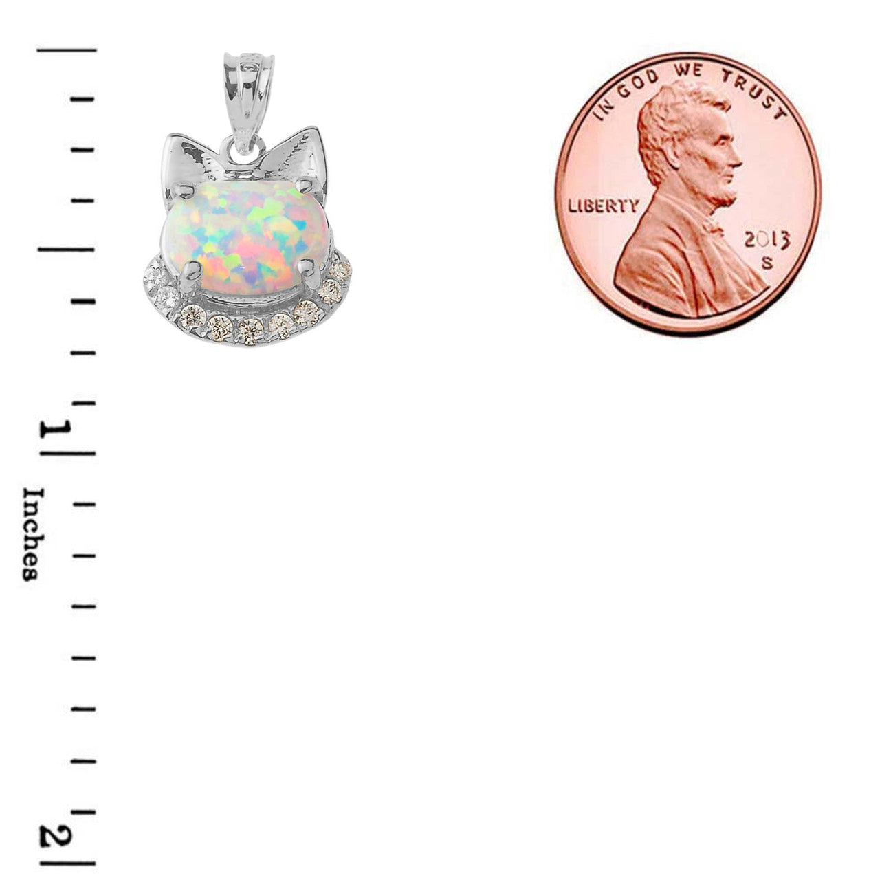 Solid Gold Simulated Opal kitty Pendant Necklace, view 10