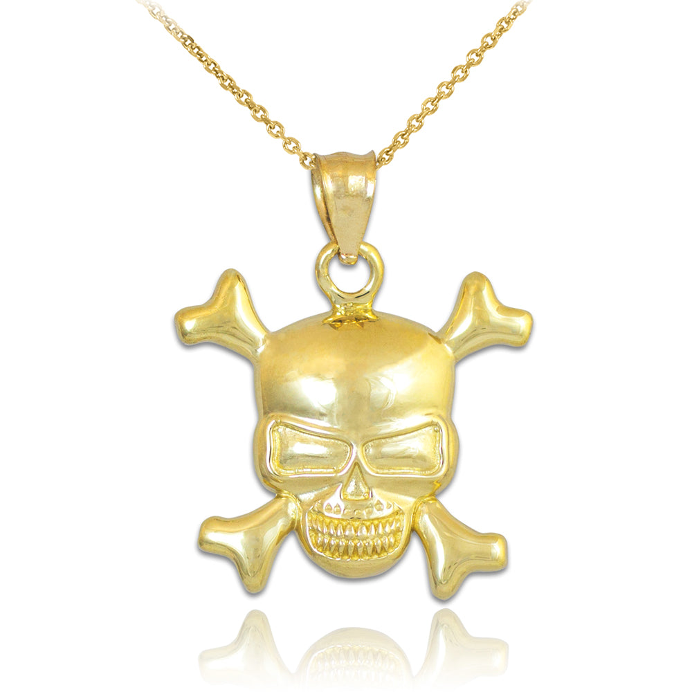 Solid Gold Skull and Bones Pendant Necklace