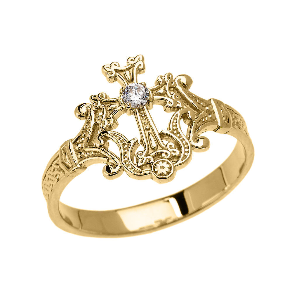 Solid Gold Solitaire Cubic zirconia Armenian Cross Elegant Ring