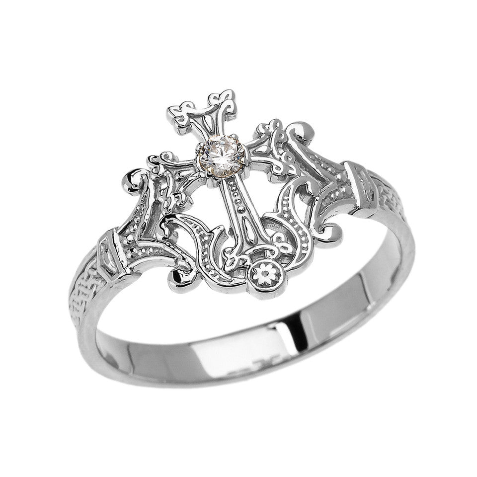 Solid Gold Solitaire Cubic zirconia Armenian Cross Elegant Ring, view 3