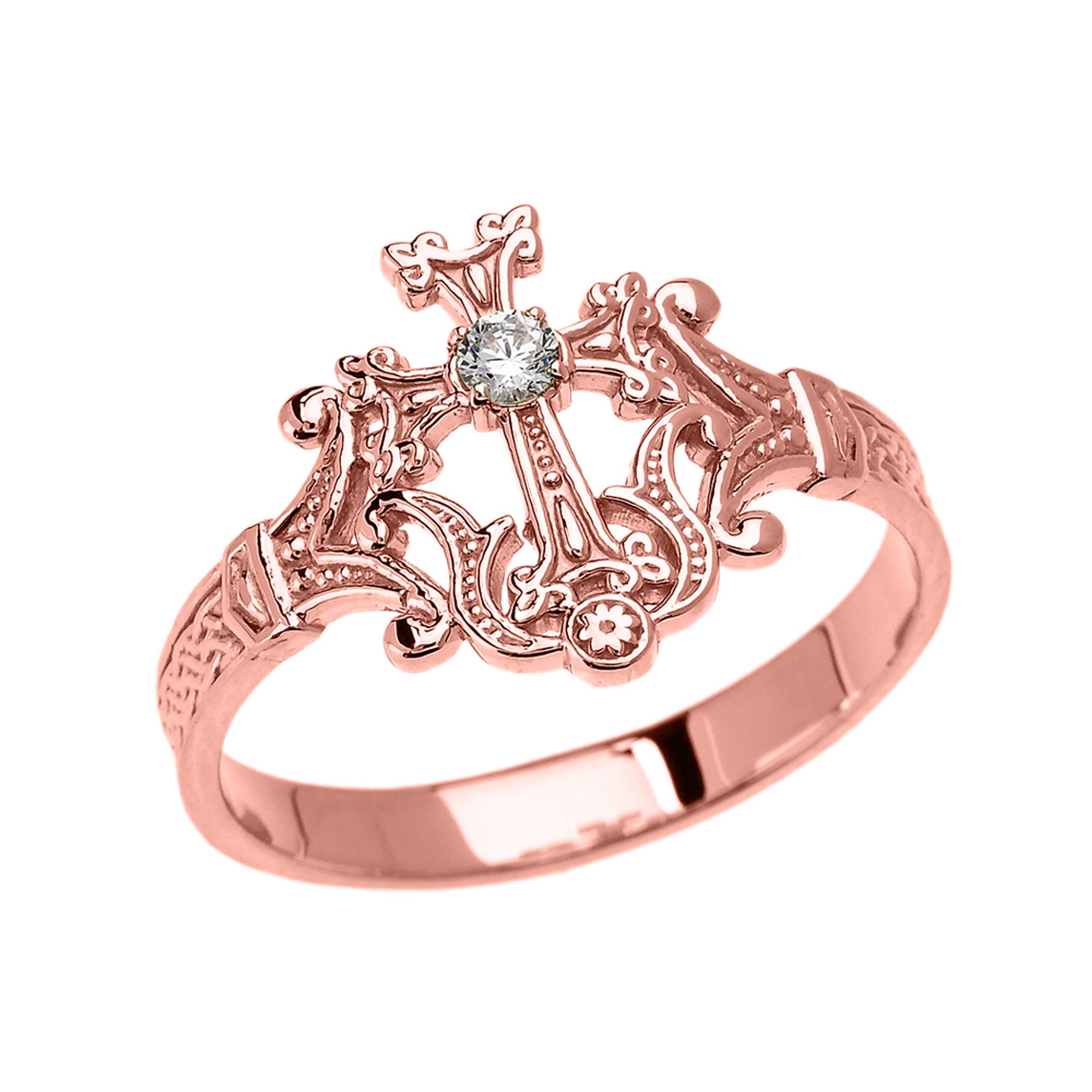 Solid Gold Solitaire Cubic zirconia Armenian Cross Elegant Ring, view 4