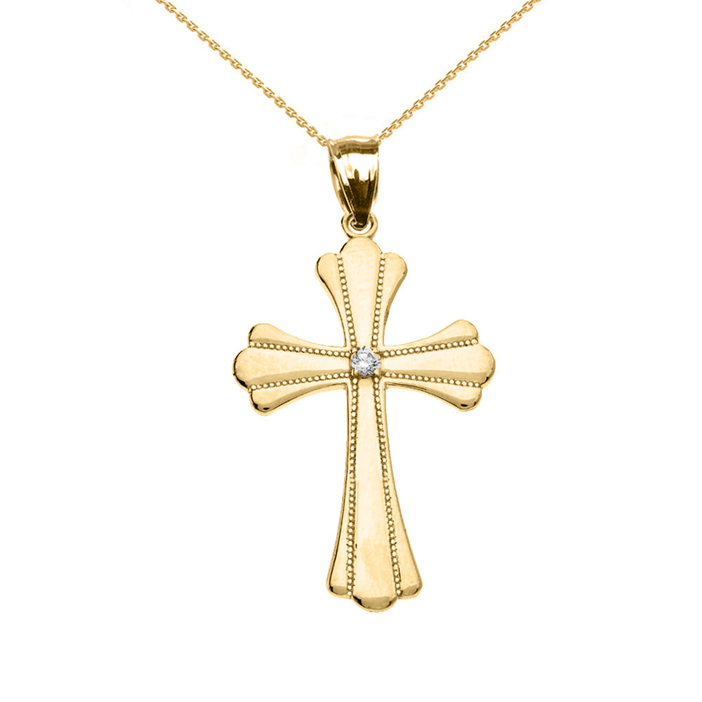 Solid Gold Solitaire Cubic Zirconia High Polish Milgrain Cross Pendant Necklace