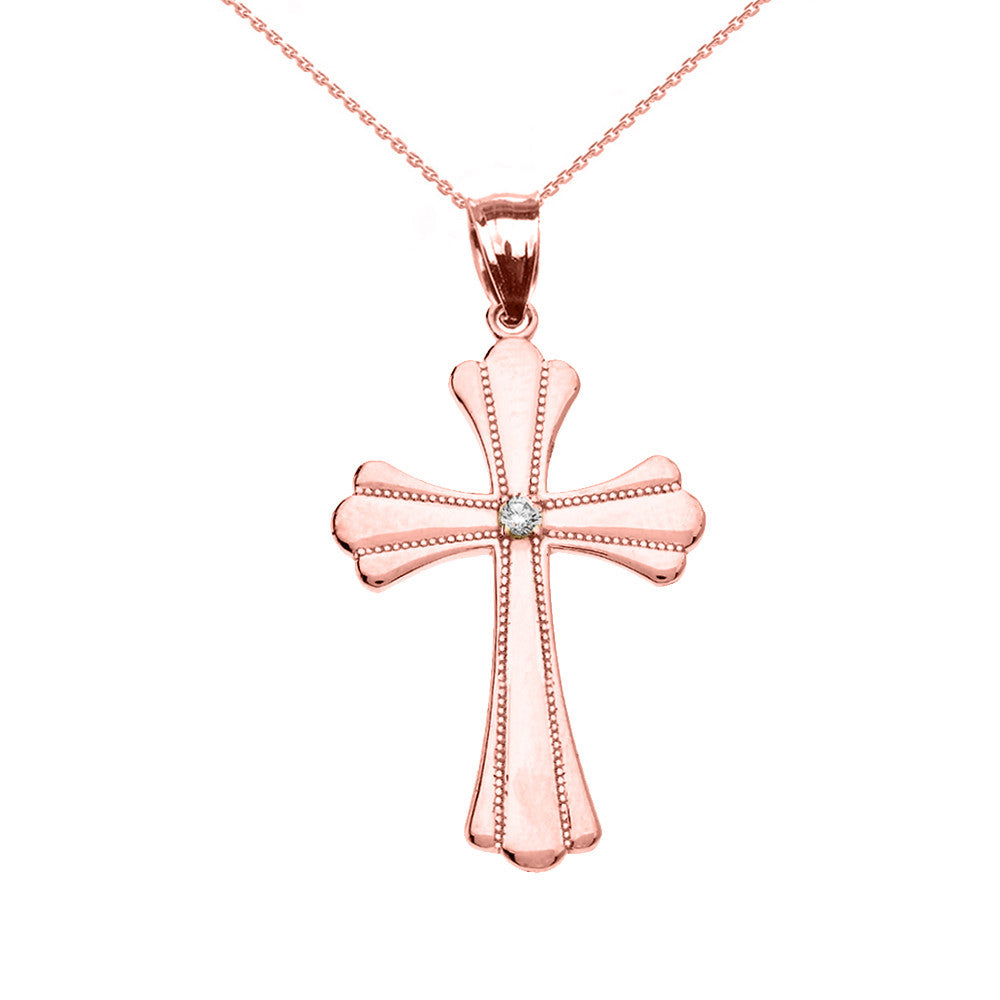 Solid Gold Solitaire Cubic Zirconia High Polish Milgrain Cross Pendant Necklace, view 2