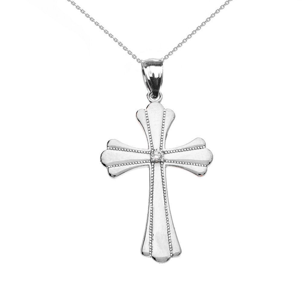 Solid Gold Solitaire Cubic Zirconia High Polish Milgrain Cross Pendant Necklace, view 3