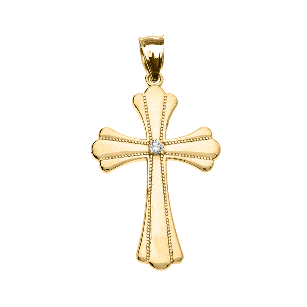 Solid Gold Solitaire Cubic Zirconia High Polish Milgrain Cross Pendant Necklace, view 4