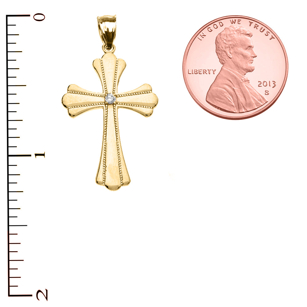 Solid Gold Solitaire Cubic Zirconia High Polish Milgrain Cross Pendant Necklace, view 5