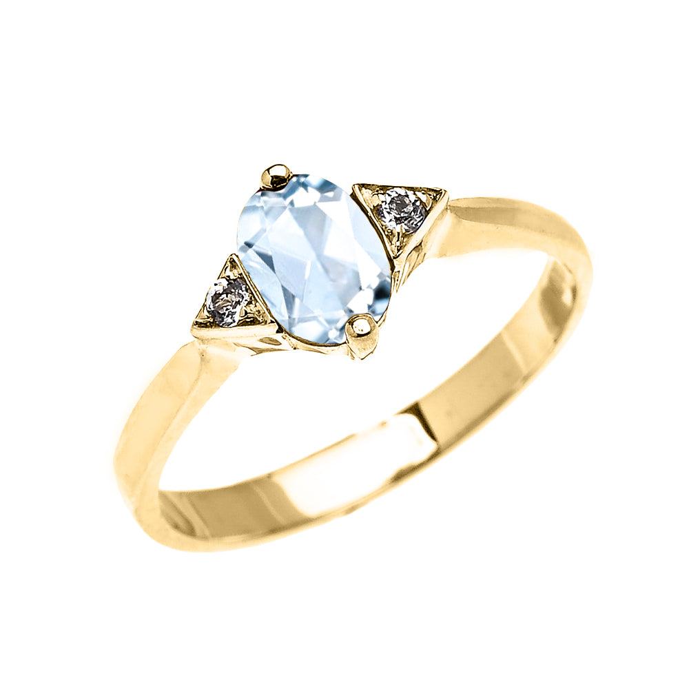 Solid Gold Solitaire Oval Aquamarine and White Topaz Engagement/Promise Ring