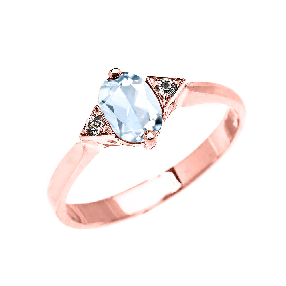 Solid Gold Solitaire Oval Aquamarine and White Topaz Engagement/Promise Ring, view 2