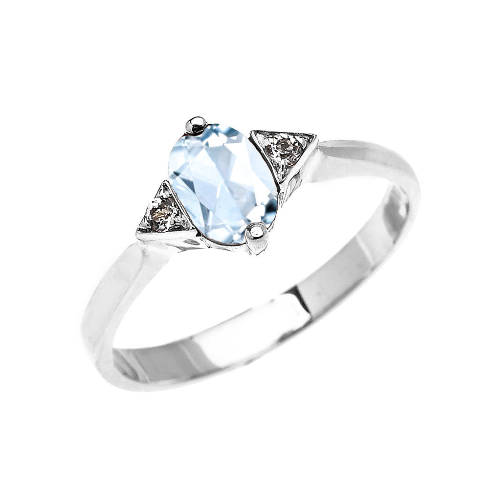 Solid Gold Solitaire Oval Aquamarine and White Topaz Engagement/Promise Ring, view 3