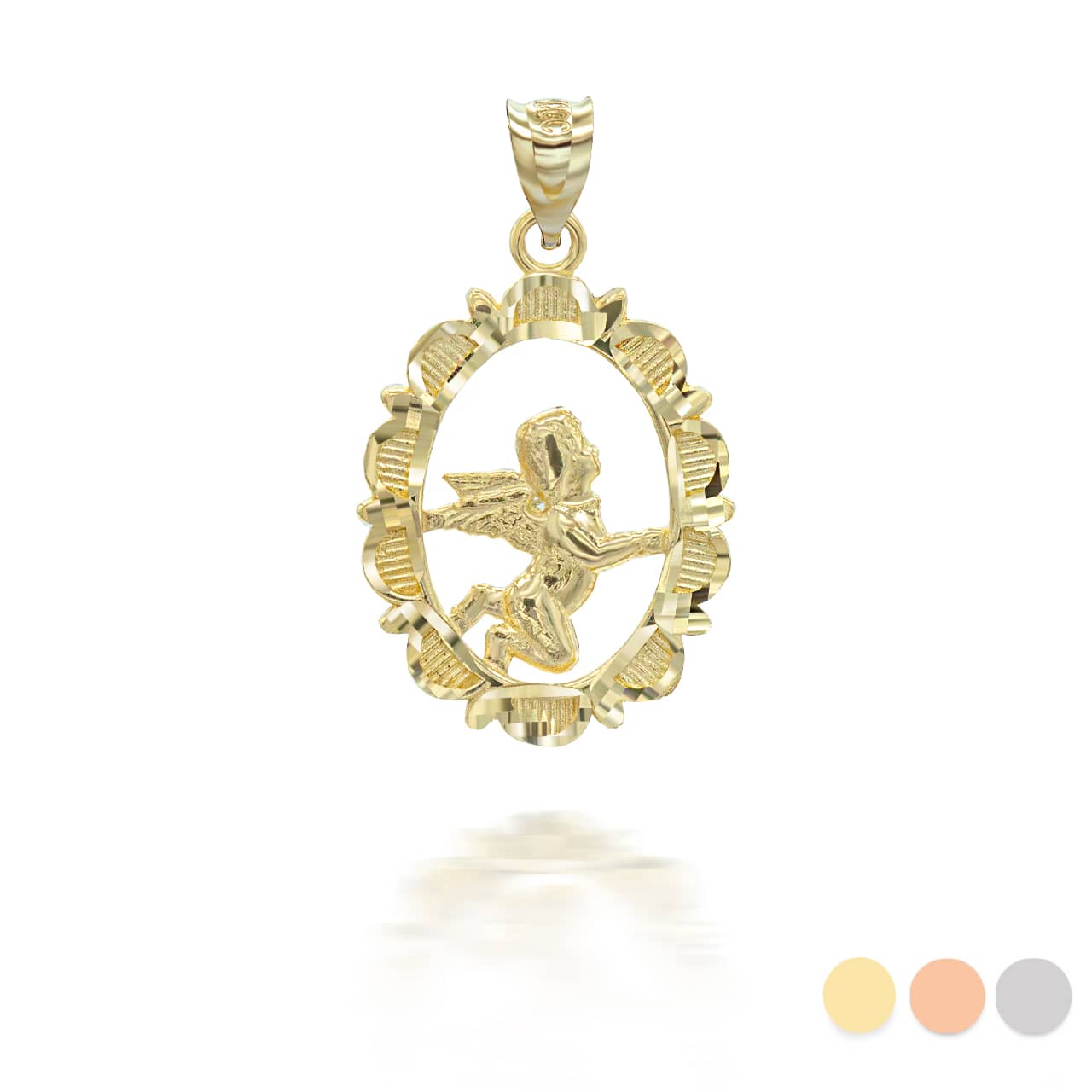 Solid Gold Sparkle Cut Flowing Baby Angel Pendant Necklace