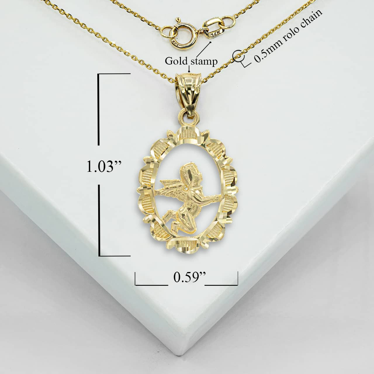 Solid Gold Sparkle Cut Flowing Baby Angel Pendant Necklace, view 5