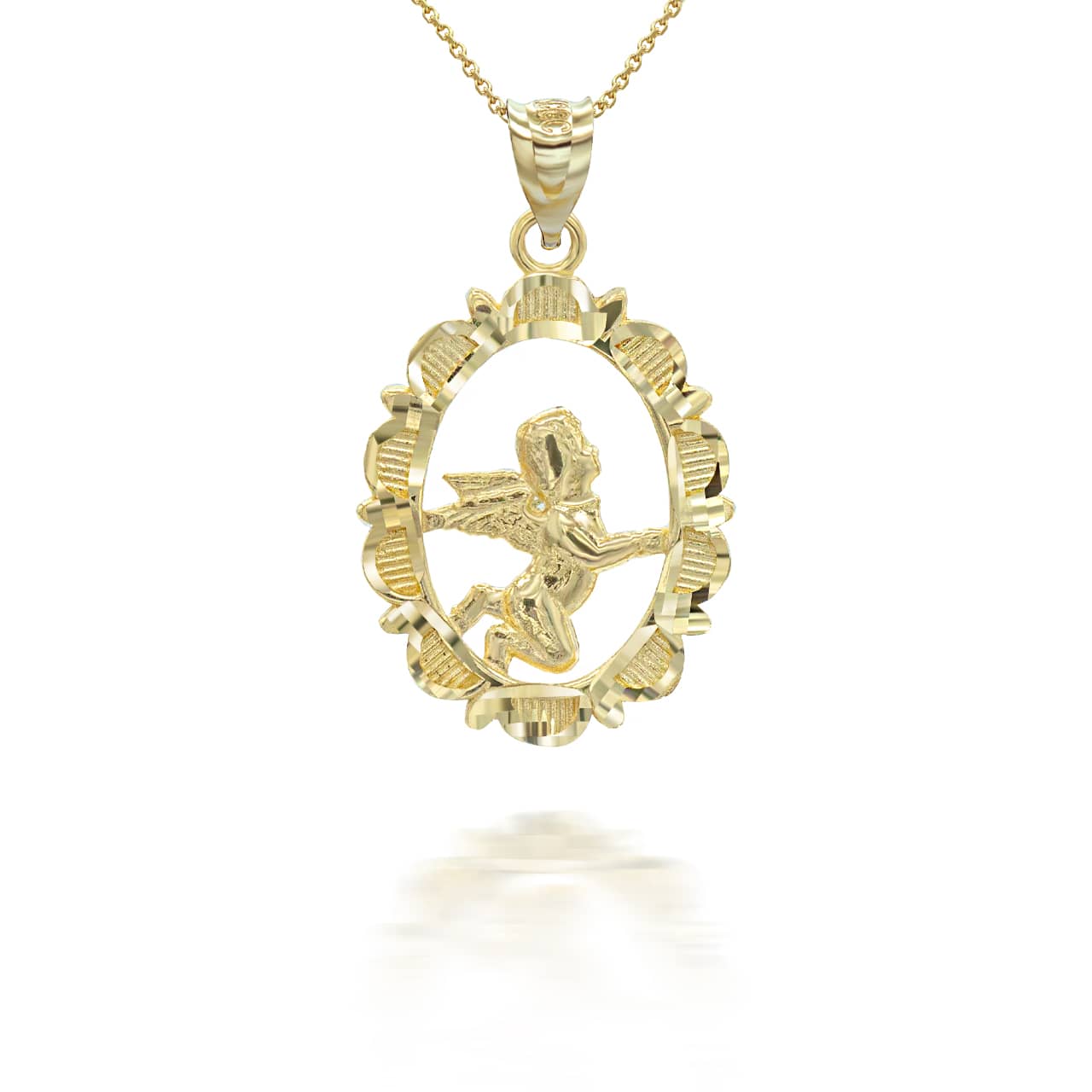 Solid Gold Sparkle Cut Flowing Baby Angel Pendant Necklace, view 6
