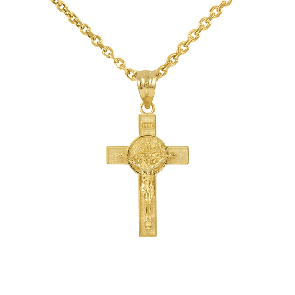 Solid Gold St. Benedict Crucifix Pendant Necklace (1.10")