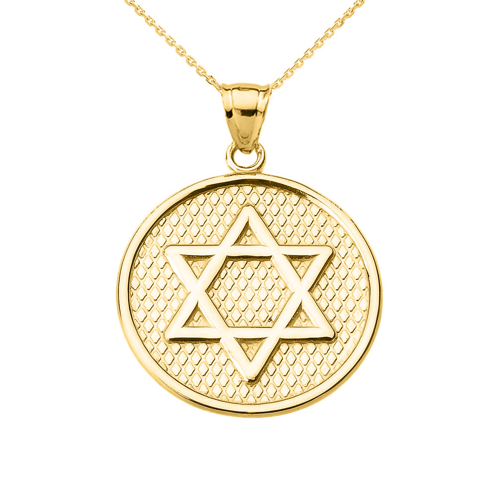 Solid Gold Star of David Round Pendant Necklace