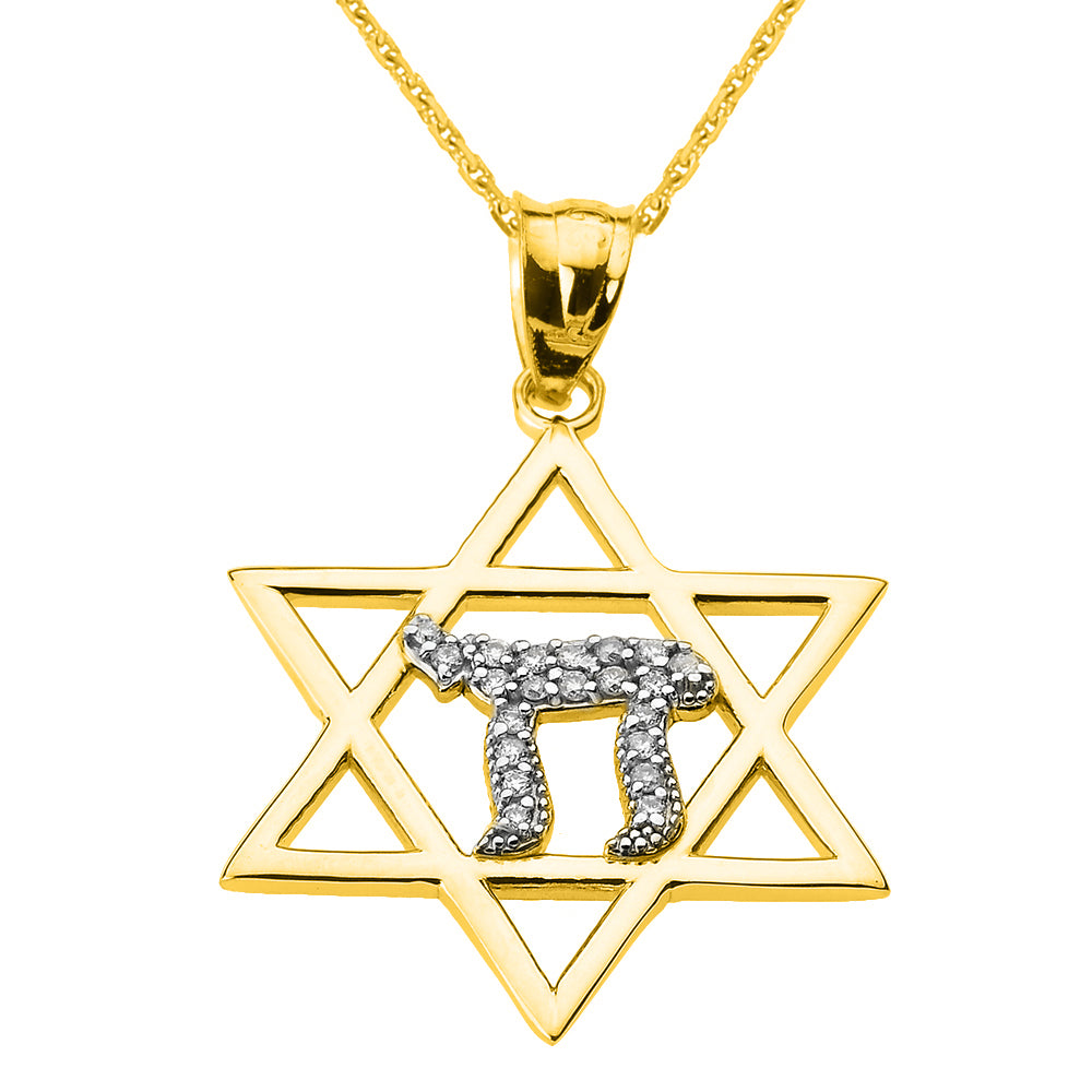 Solid Gold Star of David with Chai Diamond Pendant Necklace