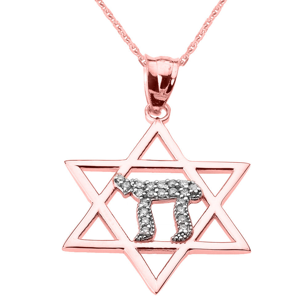 Solid Gold Star of David with Chai Diamond Pendant Necklace, view 2