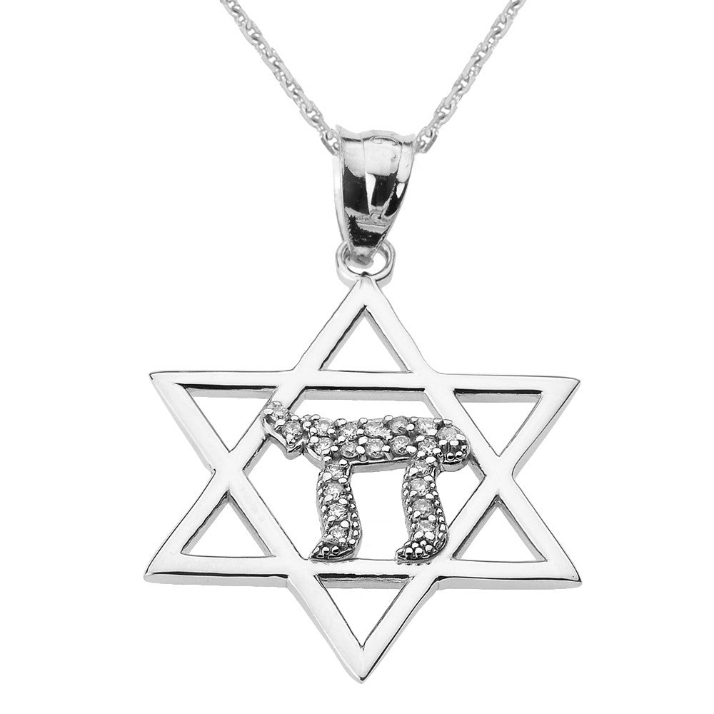 Solid Gold Star of David with Chai Diamond Pendant Necklace, view 3