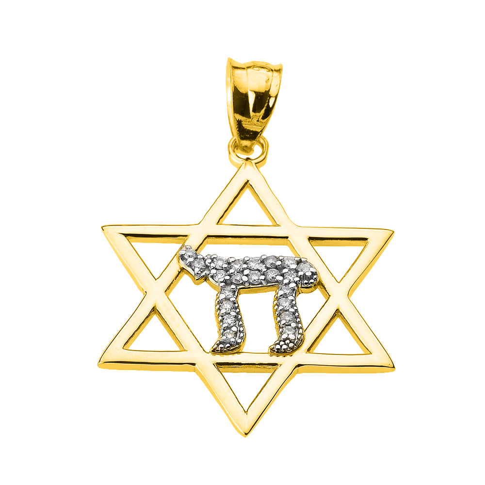 Solid Gold Star of David with Chai Diamond Pendant Necklace, view 4